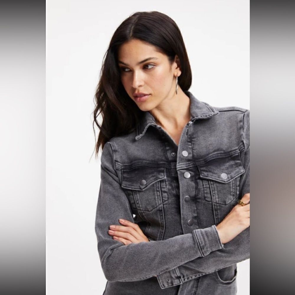 Good American Black Gray Denim Romper Jean Long Sleeve Collared One Piece Sze 2 - Picture 6 of 11